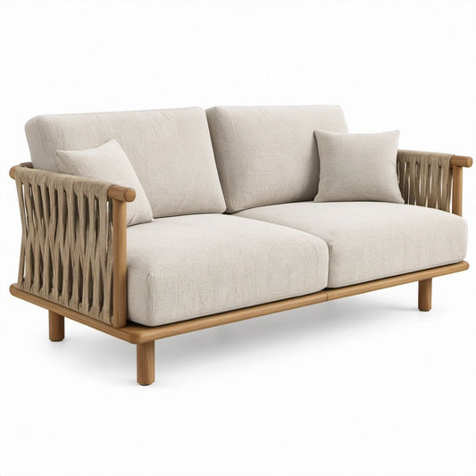 Dwuosobowa sofa ogrodowa z drewna akacjowego i liny, beżowa, 160 × 80 × 78 cm