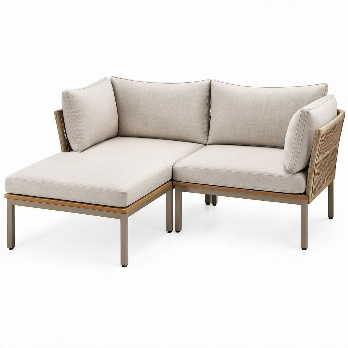 Lewostronna sofa narożna do ogrodu z aluminium i plecionki PP, beżowo-piaskowo-brązowa, 210 x 140 x 75 cm