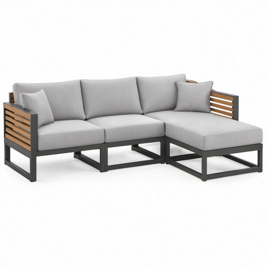 3-osobowa narożna sofa ogrodowa z szezlongiem 220 x 150 x 65 cm, szara/czarna/naturalna