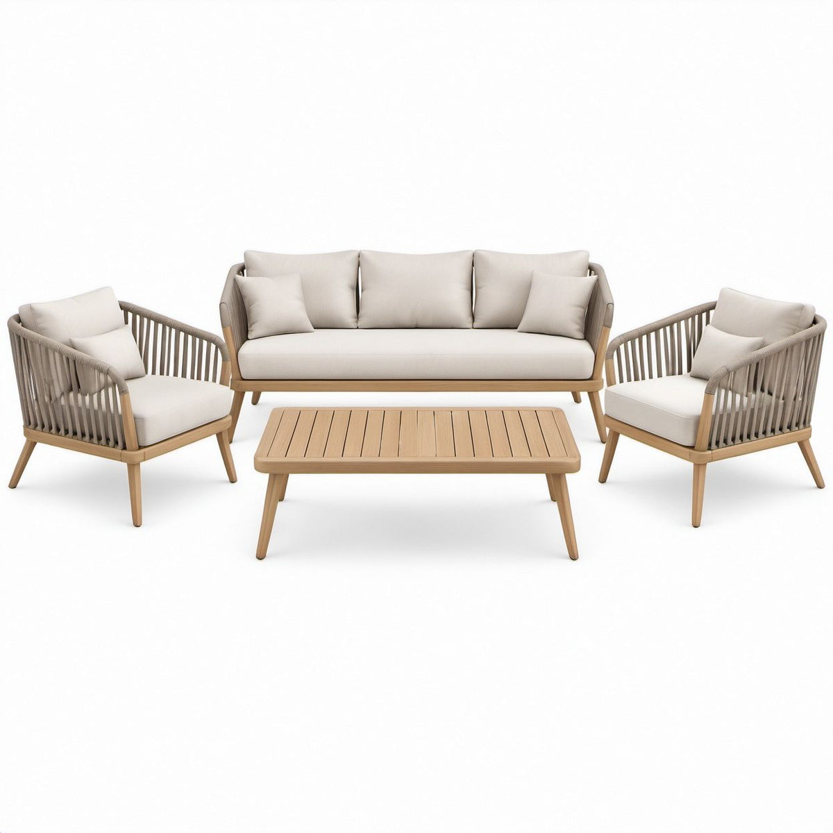 Beżowo-naturalny zestaw wypoczynkowy z drewna akacjowego, sofa 180 x 75 x 75 cm, 2 fotele i stolik 120 x 60 x 45 cm