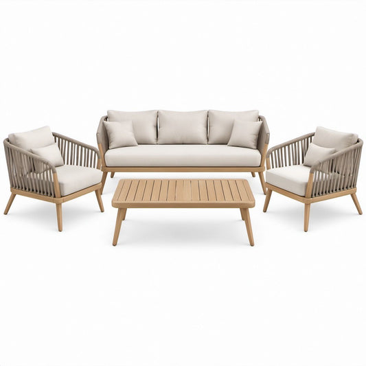 Beżowo-naturalny zestaw wypoczynkowy z drewna akacjowego, sofa 180 x 75 x 75 cm, 2 fotele i stolik 120 x 60 x 45 cm