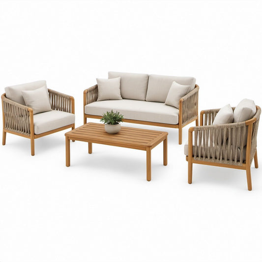 Beżowy zestaw mebli ogrodowych z drewna akacjowego: sofa 180 × 80 × 76 cm, 2 fotele i stolik 120 × 65 × 45 cm