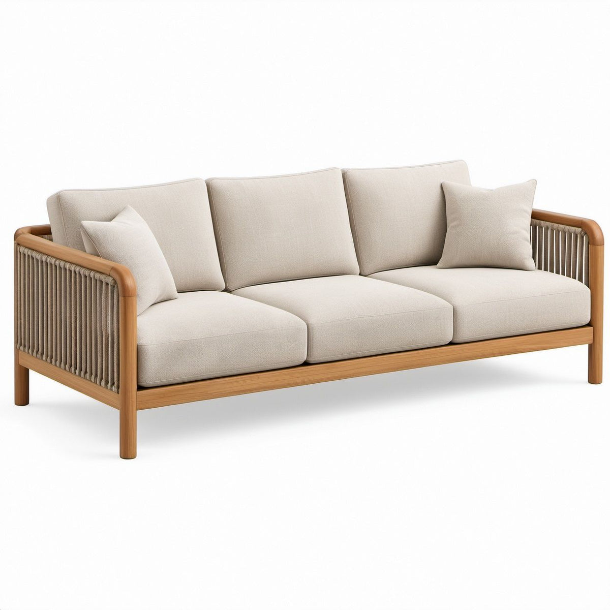 Trzyosobowa sofa ogrodowa z drewna akacjowego i plecionki, beżowo-brązowa, 210 × 82 × 78 cm