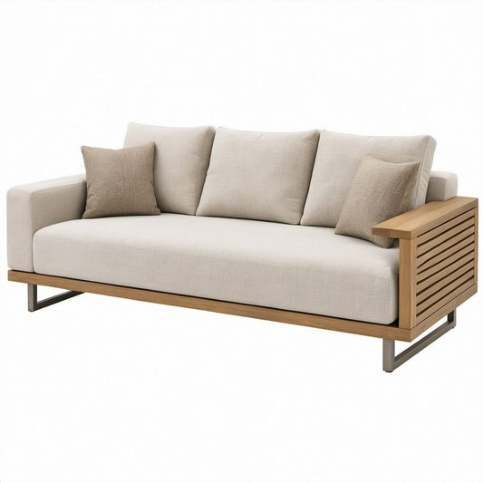 3-osobowa sofa ogrodowa beżowa z drewna tekowego i poliestru, 220 x 85 x 78 cm