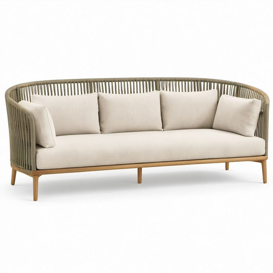 Trzyosobowa sofa ogrodowa łukowa Beżowa/Brązowa z drewna akacjowego i plecionki PE, 210 x 80 x 78 cm