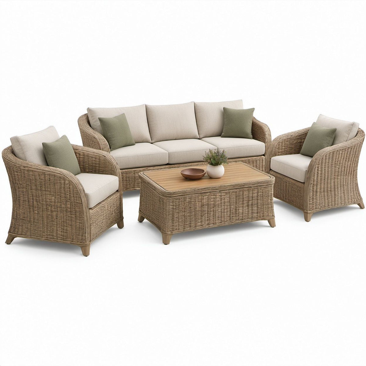 Zestaw wypoczynkowy z technorattanu PE: sofa 3-osobowa 200 × 82 × 85 cm, 2 fotele i stolik 120 × 70 × 45 cm, brązowy/beżowy/oliwkowozielony